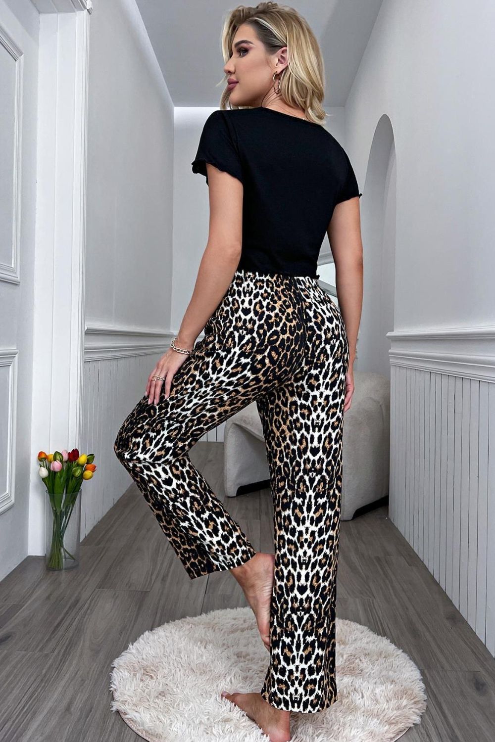 Lettuce Trim Cropped T-Shirt and Leopard Pants Lounge Set - felvior
