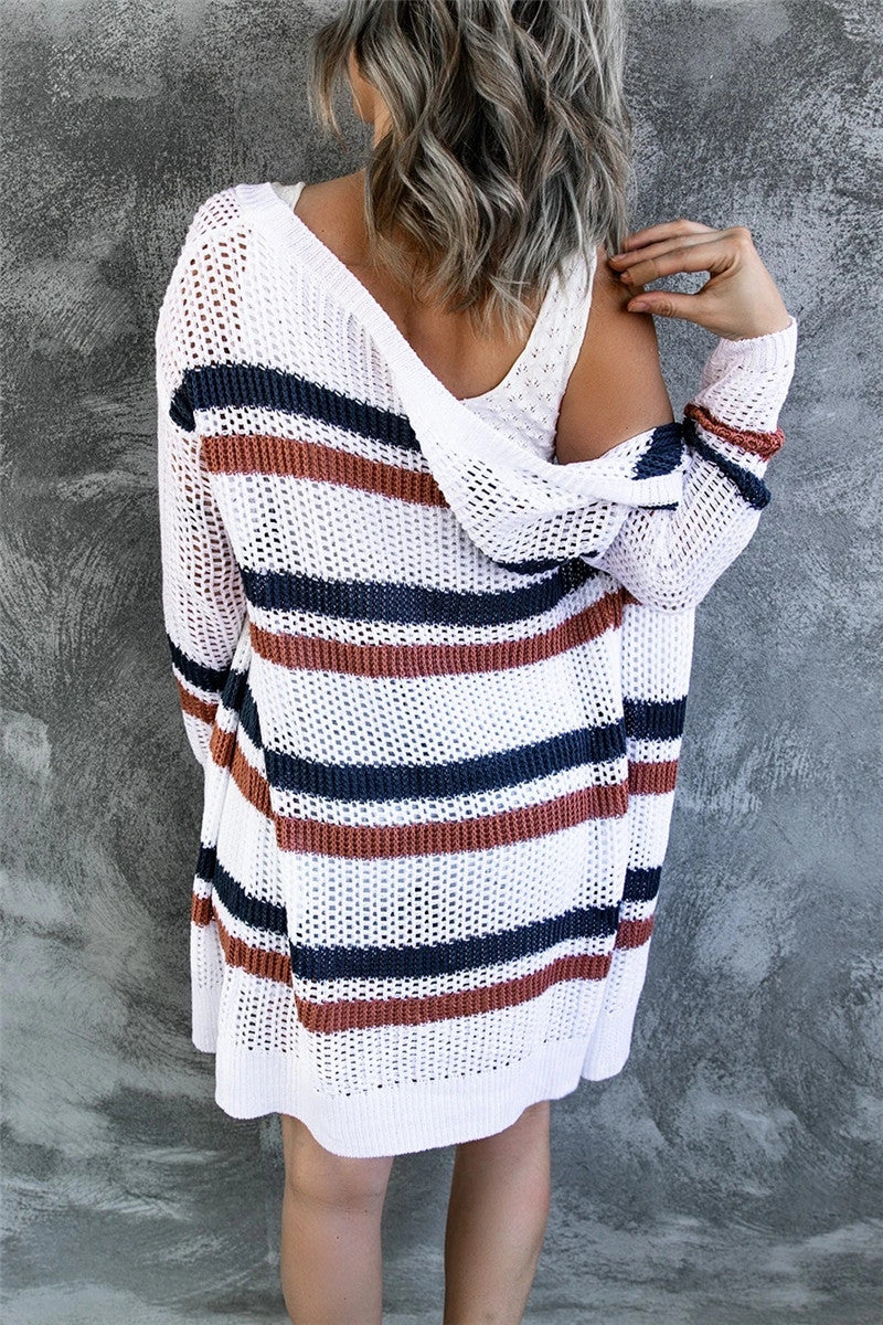 Contrast Openwork Open Front Long Sleeve Cardigan - felvior
