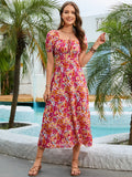 Floral Square Neck Short Sleeve Midi Dress - felvior