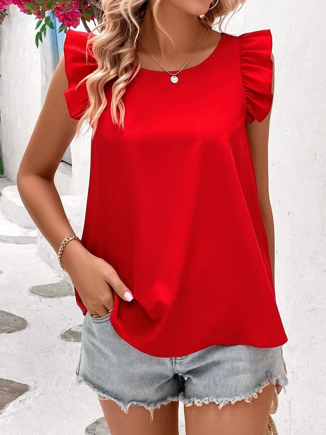 Crisscross Back Ruffled Round Neck Cap Sleeve Blouse - felvior