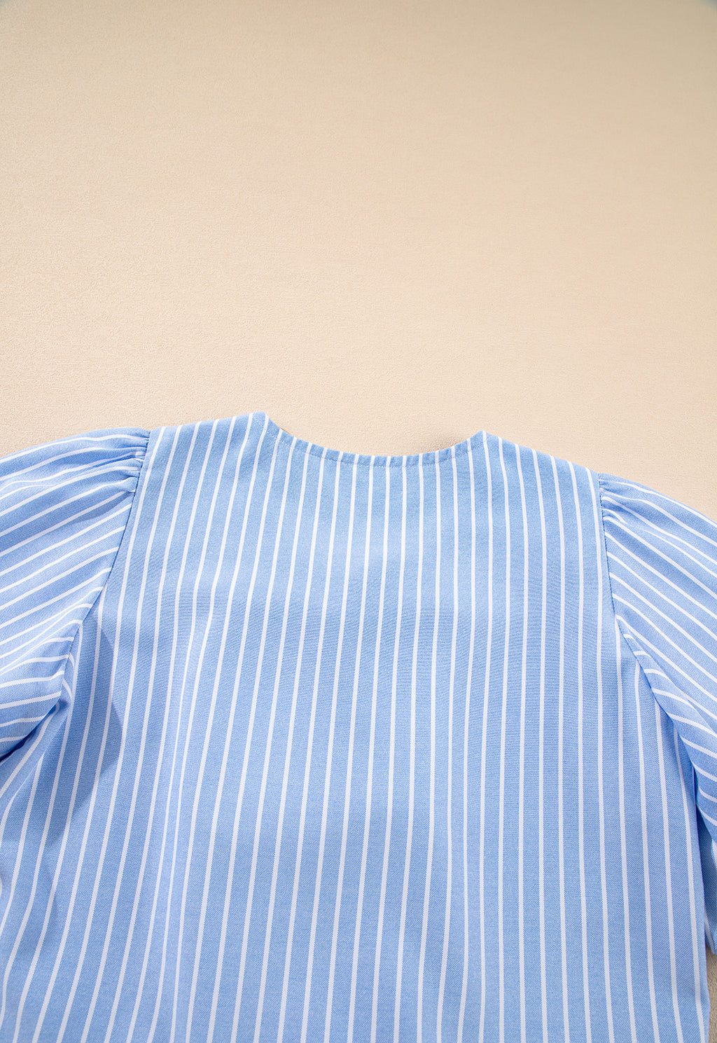 Striped Bowknot Detail Puff Sleeve Top and Shorts Set