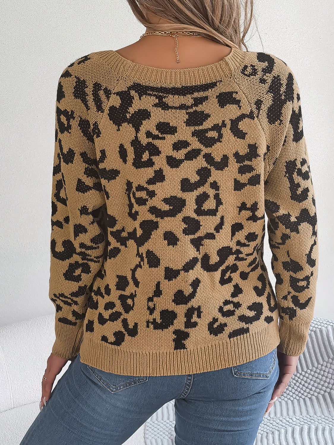 Leopard Buttoned Square Neck Sweater - felvior