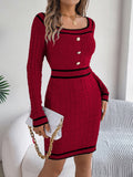 Contrast Trim Long Sleeve Sweater Dress - felvior