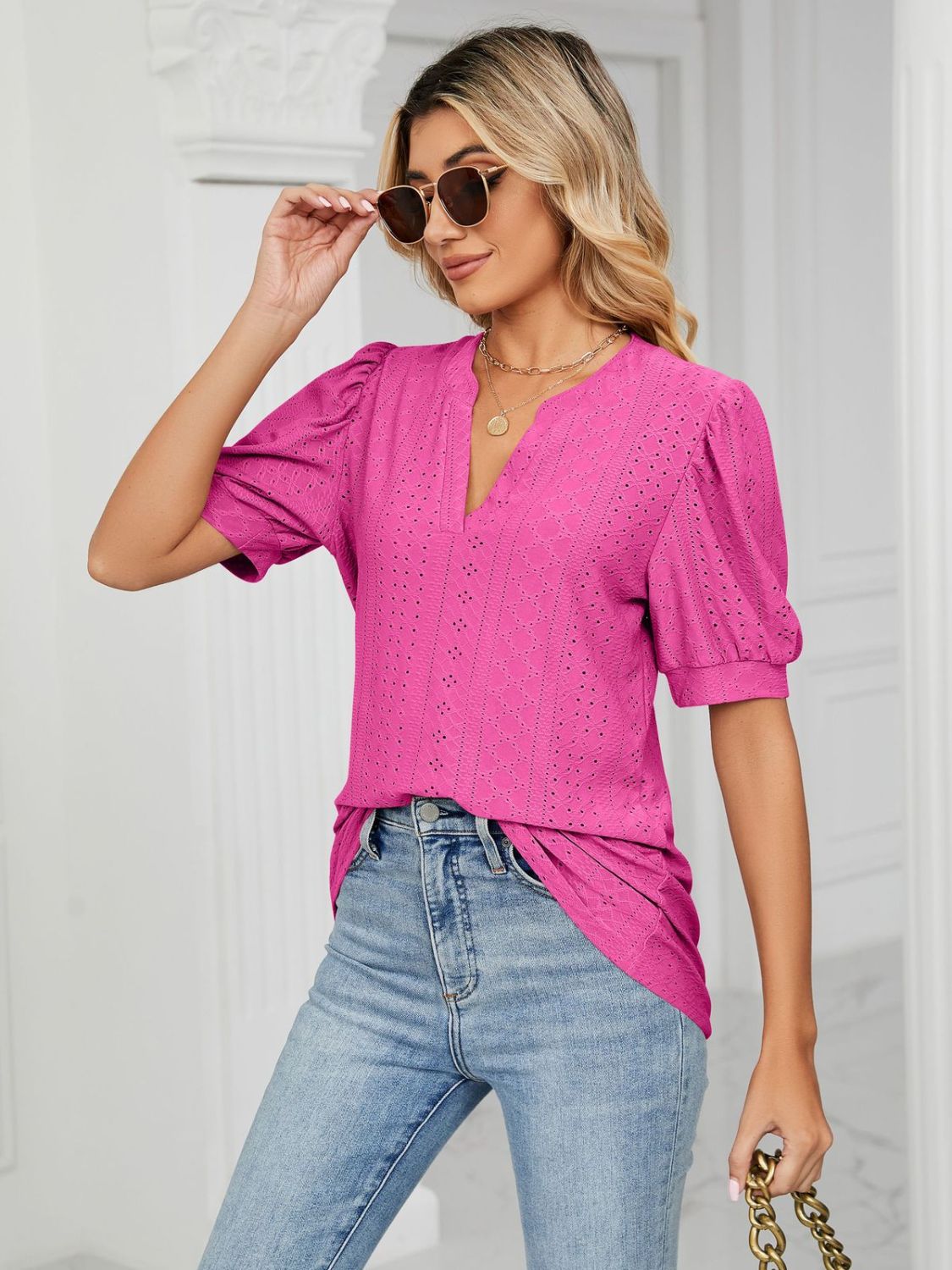 Florira Eyelet Notched Short Sleeve T-Shirt