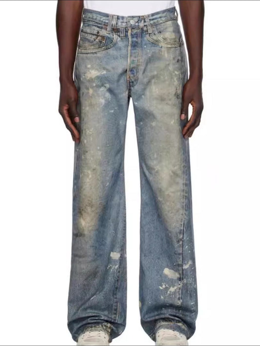 Men's Washed Button Fly Straight Jeans - felvior