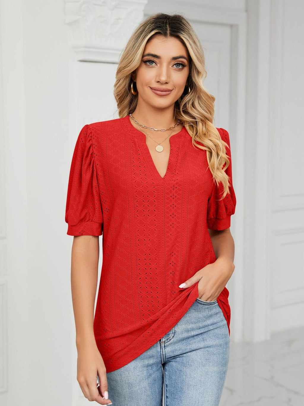 Florira Eyelet Notched Short Sleeve T-Shirt