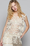 POL Fringe Round Neck Sleeveless Crochet Knit Cover Up - felvior