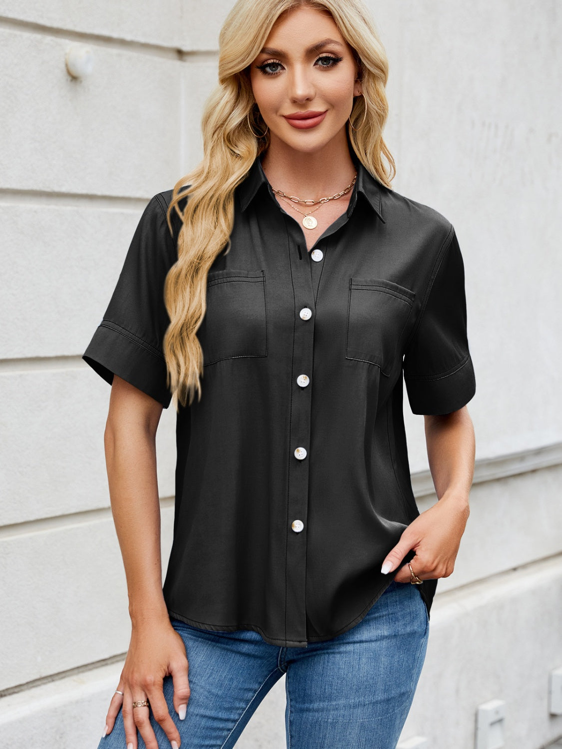 Collared Neck Short Sleeve Shirt - felvior