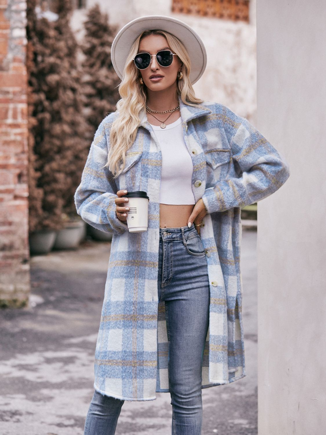 Mandy Plaid Dropped Shoulder Slit Coat - felvior