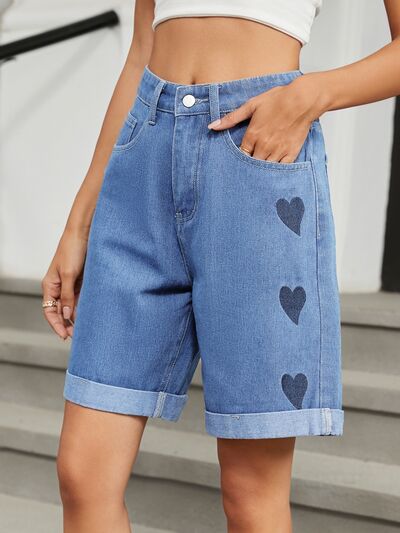 Heart-Pattern Rolled Hem Denim Shorts - felvior