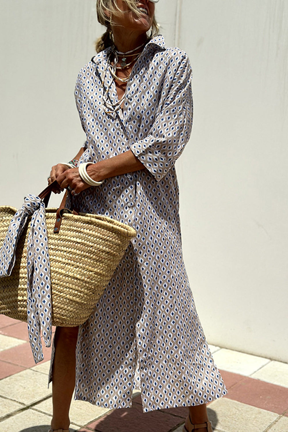 Tied Button Up Three-Quarter Sleeve Dress - felvior