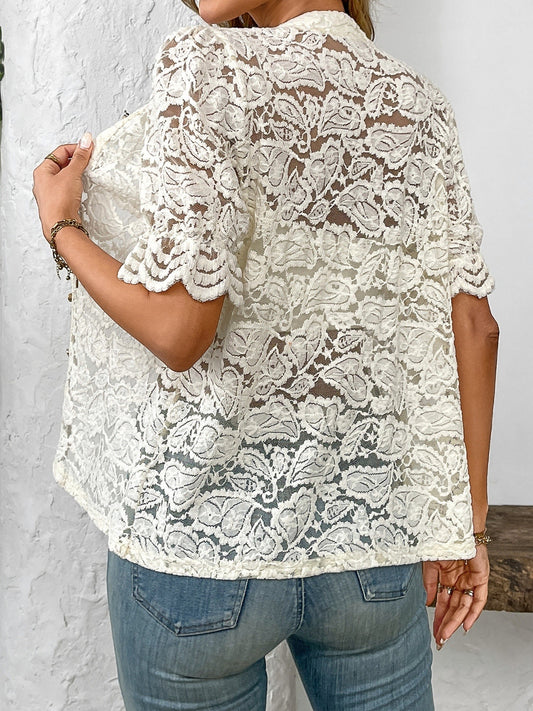 Button Down Half Sleeve Lace Shirt - felvior