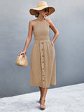 Buttoned Halter Neck Frill Trim Midi Dress - felvior