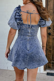 Tie Back Square Neck Puff Sleeve Denim Dress - felvior