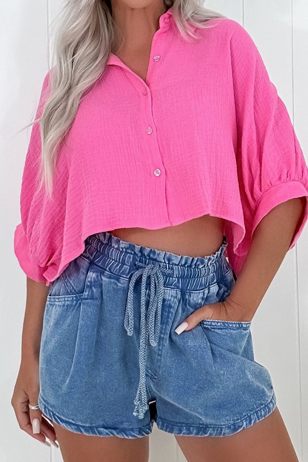 Drawstring High Waist Denim Shorts with Pockets - felvior