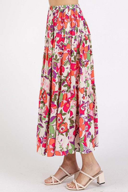 Mittoshop Flower Print Elastic Waist Tiered Skirt - felvior