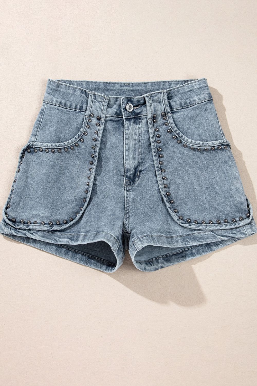 Studded Acid Wash Denim Shorts - felvior