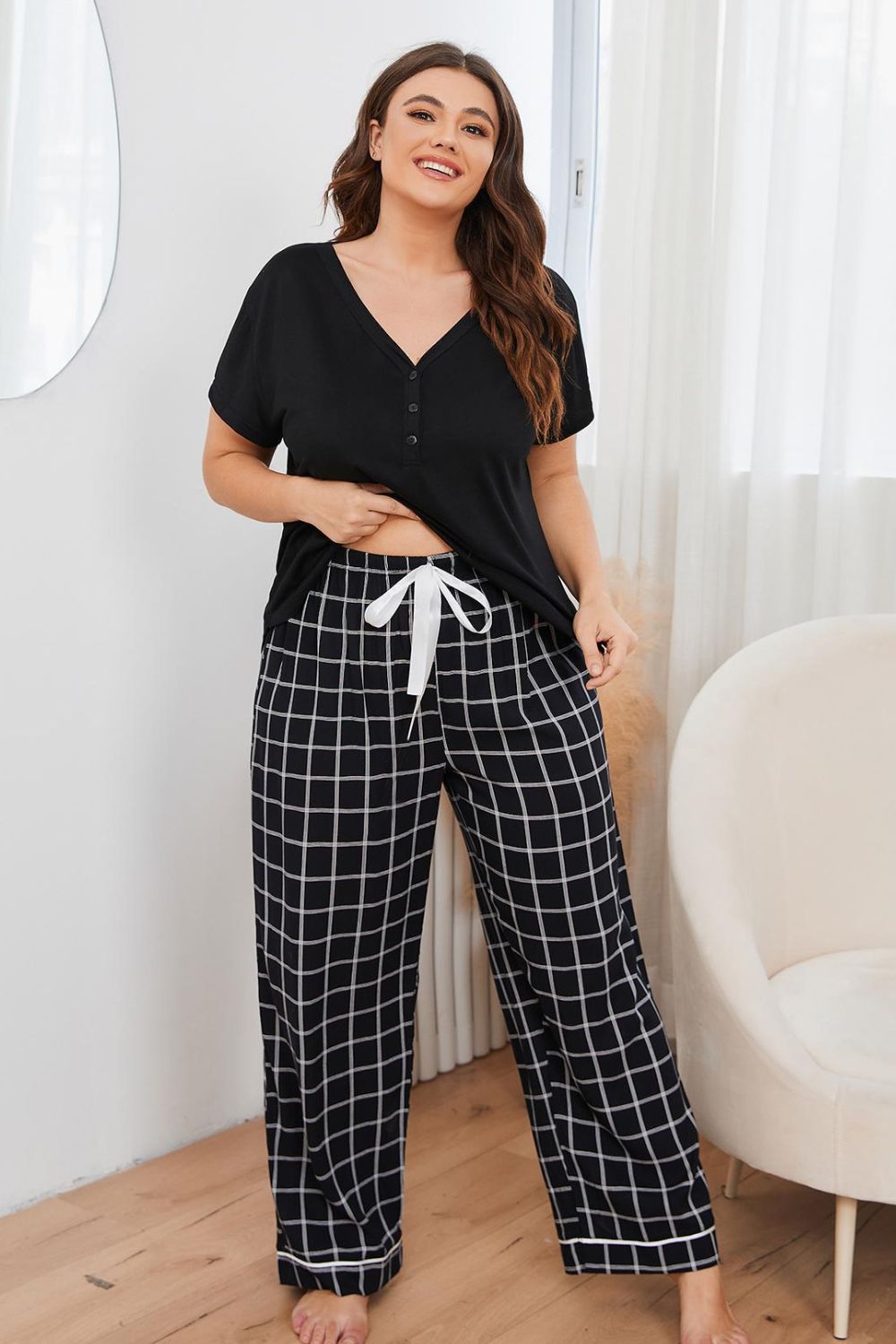 Plus Size V-Neck Top and Plaid Pants Lounge Set - felvior