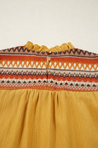 Geometric Frill Mock Neck Short Sleeve Blouse