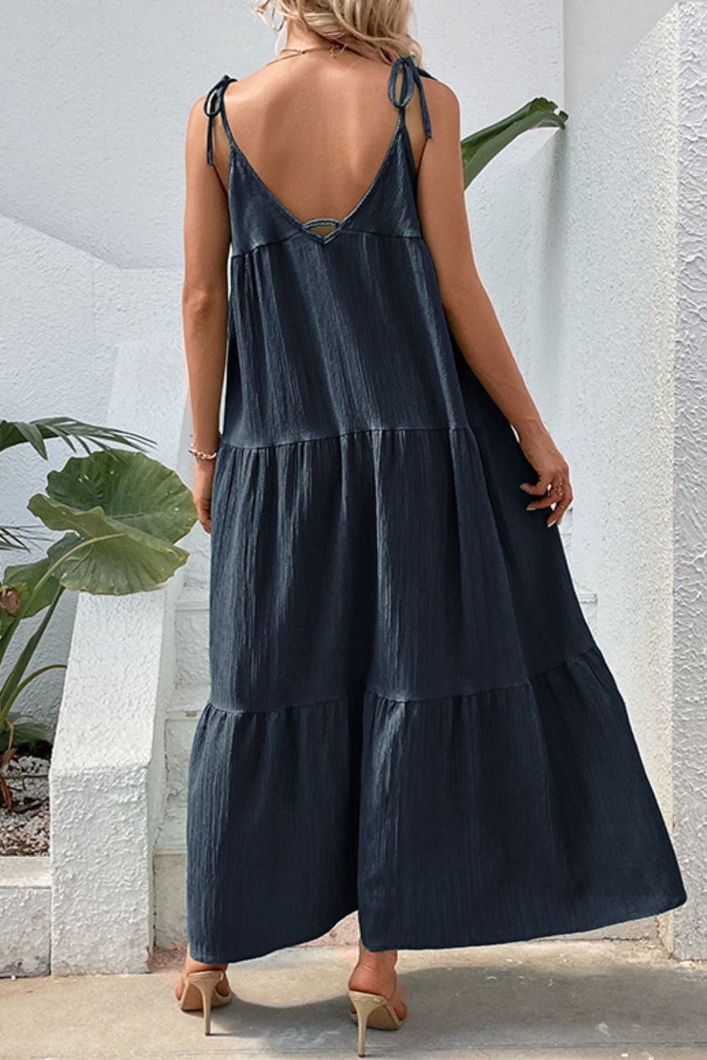 Perfee Tie-Shoulder Tiered Maxi Dress - felvior