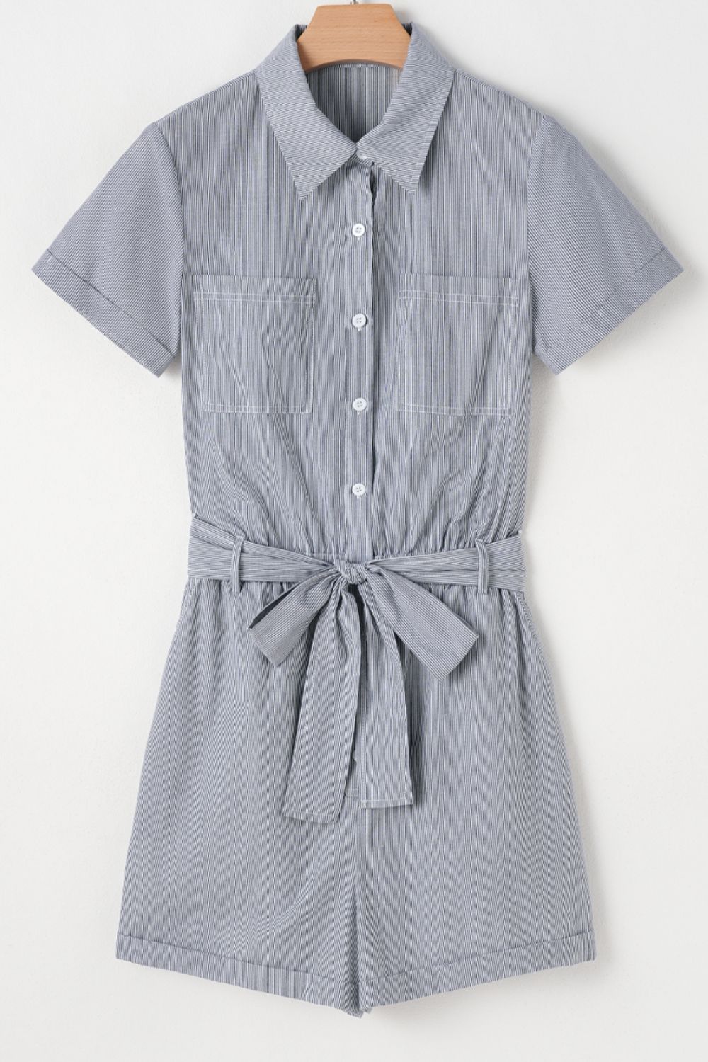Stripe Chest Pockets Tie Waist Romper