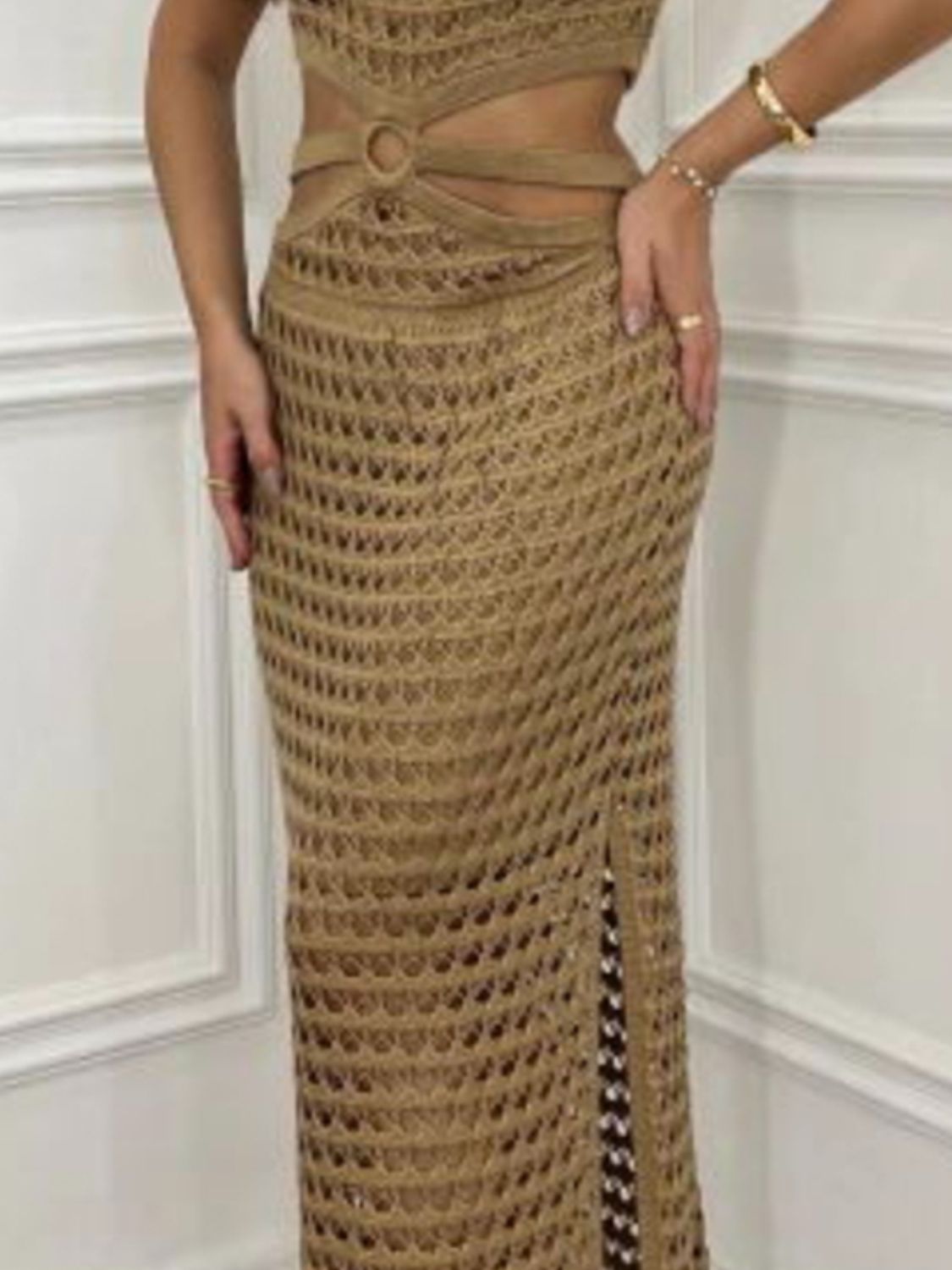 Cutout Slit Round Neck Sweater Dress - felvior
