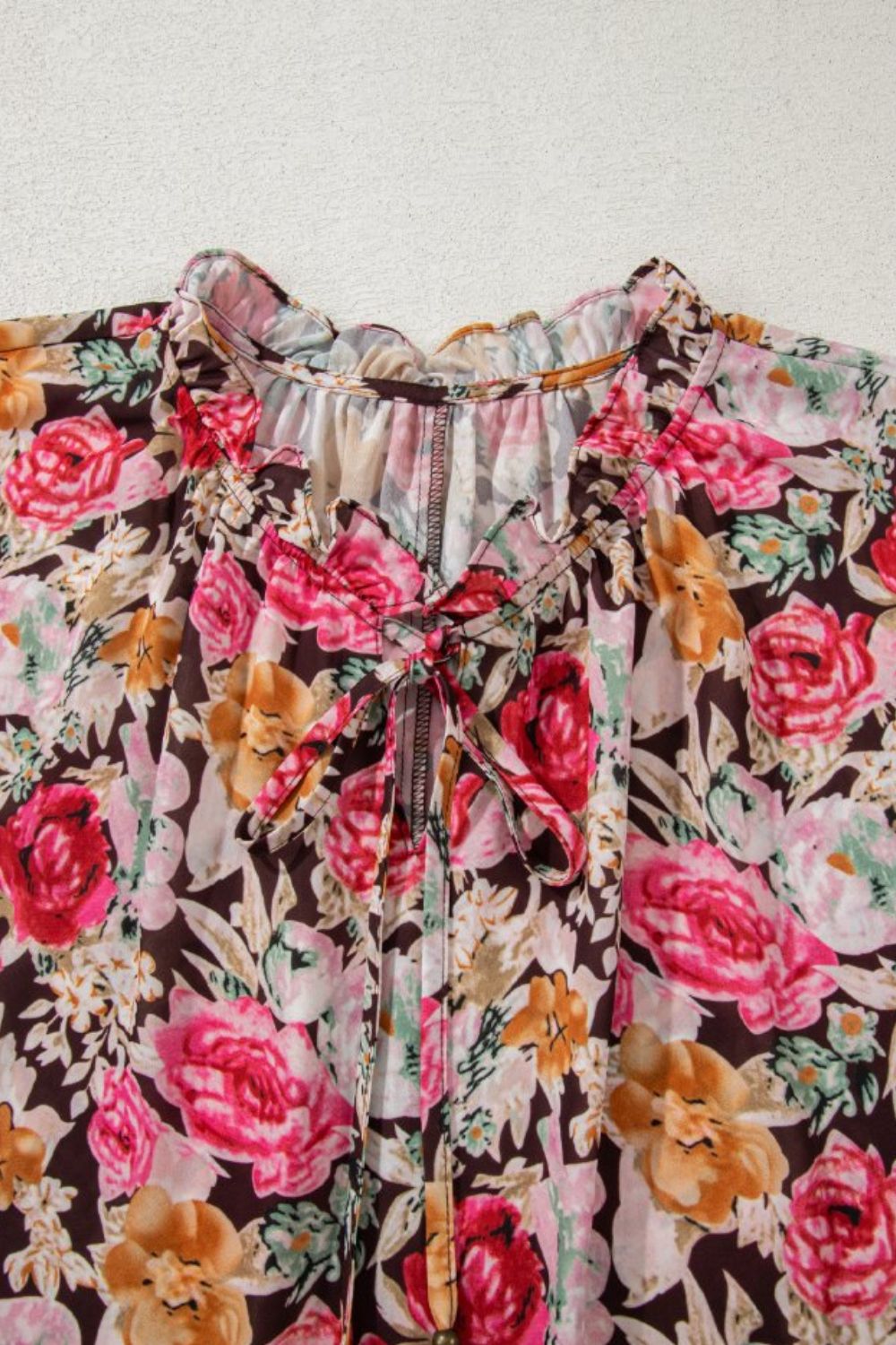 Floral Tie Neck Short Sleeve Blouse