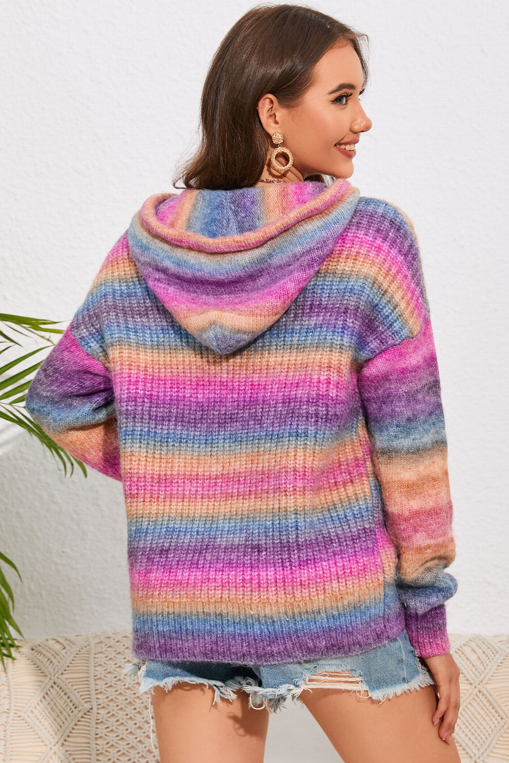 Multicolor Dropped Shoulder Hooded Sweater - felvior