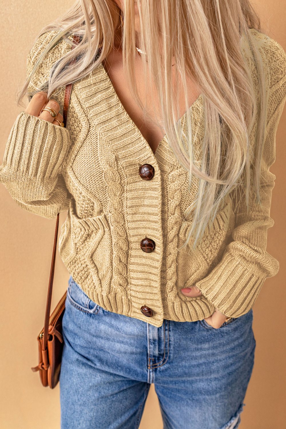 Cable-Knit Button Down V-Neck Cardigan - felvior