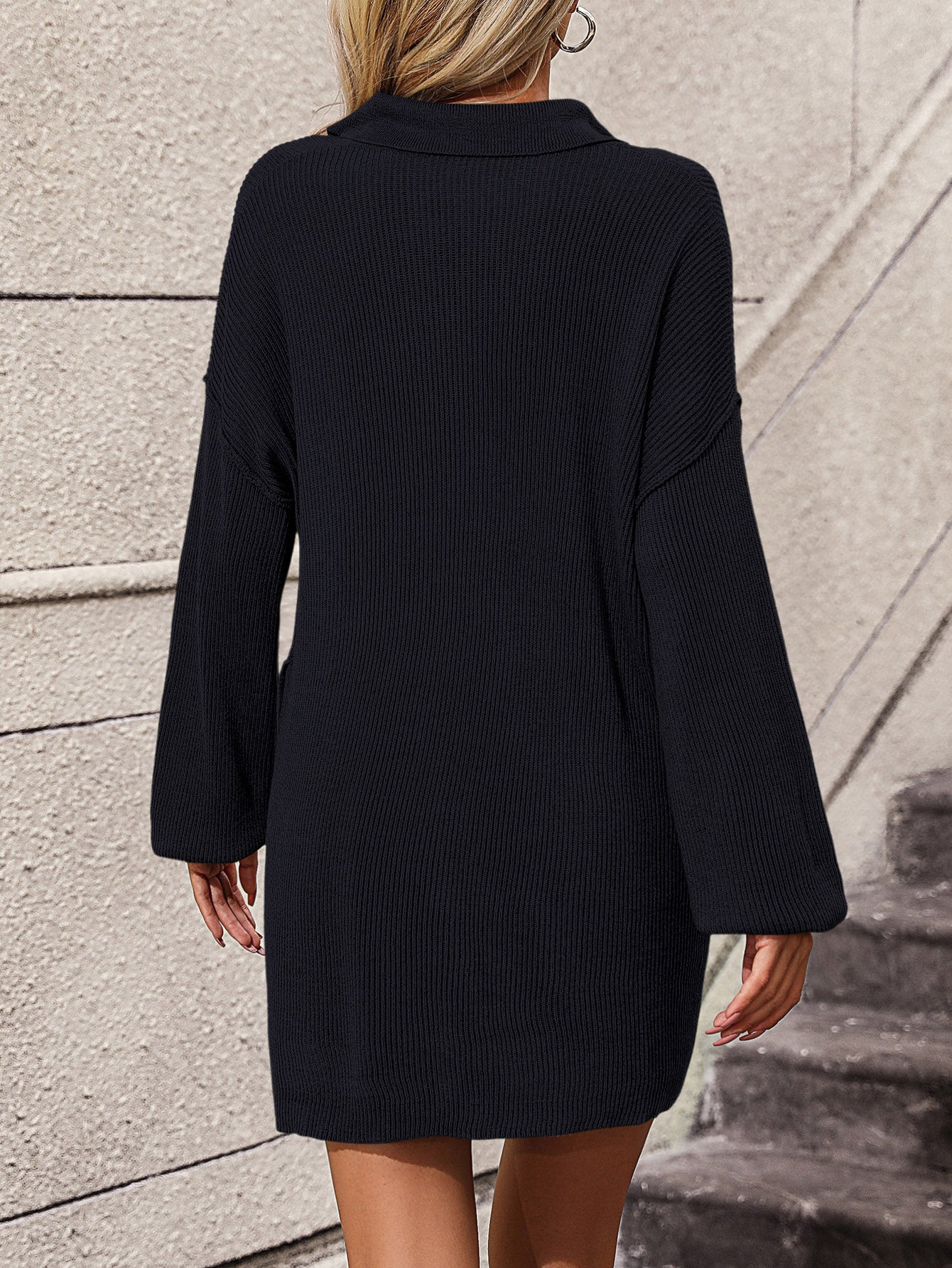Collared Neck Long Sleeve Sweater Dress with Pockets - felvior