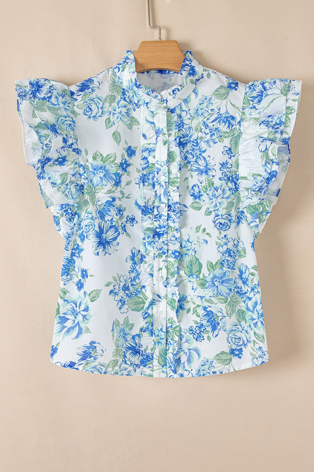 Floral Print Ruffle Sleeve Frilly Button Up Shirt - felvior