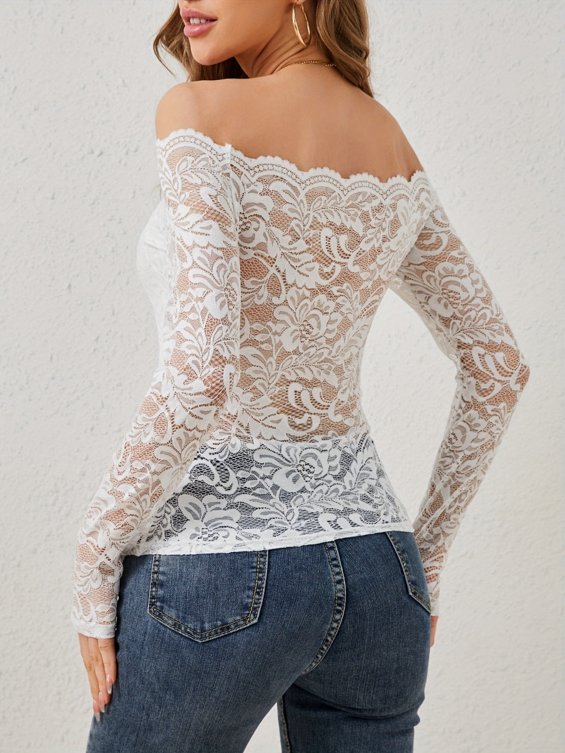 Off-Shoulder Long Sleeve Lace Top - felvior