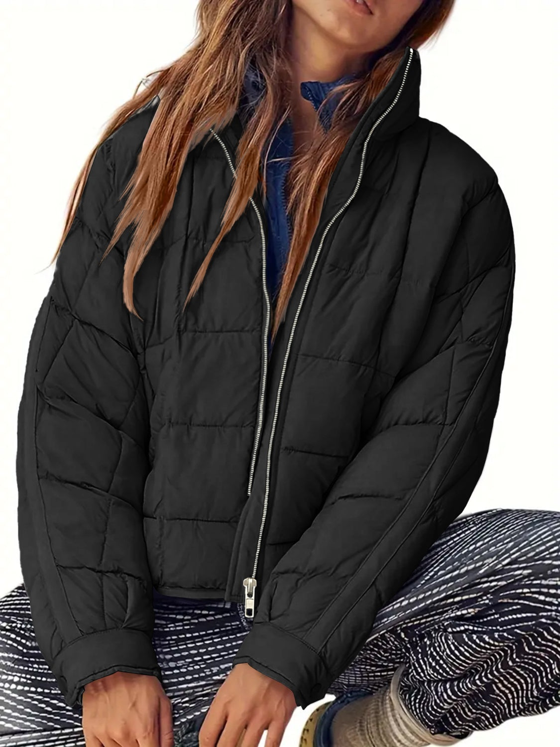 Pocketed Plaid Quilted Zip Up Winter Coat - felvior