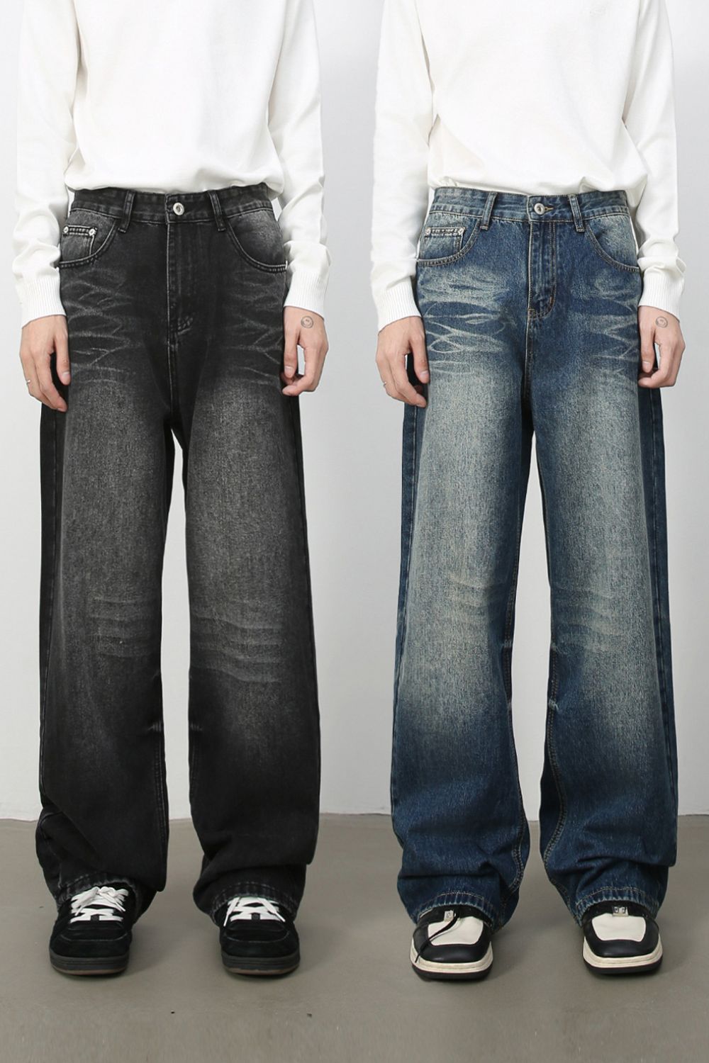 Men's Washed Wide Leg Jeans with Pockets Hauptbild