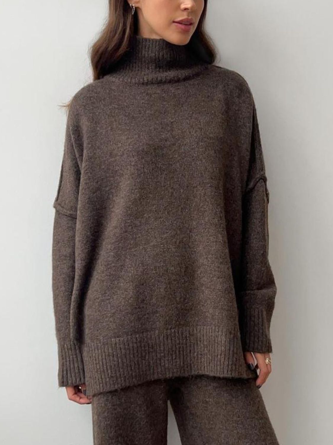 Slit Turtleneck Long Sleeve Top and Pants Sweater Set - felvior
