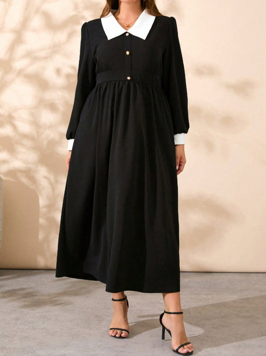 Plus Size Contrast Collared Neck Long Sleeve Midi Dress - felvior