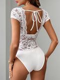 Perfee Lace Backless V-Neck Cap Sleeve Bodysuit - felvior