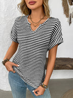 Striped Notched Short Sleeve T-Shirt