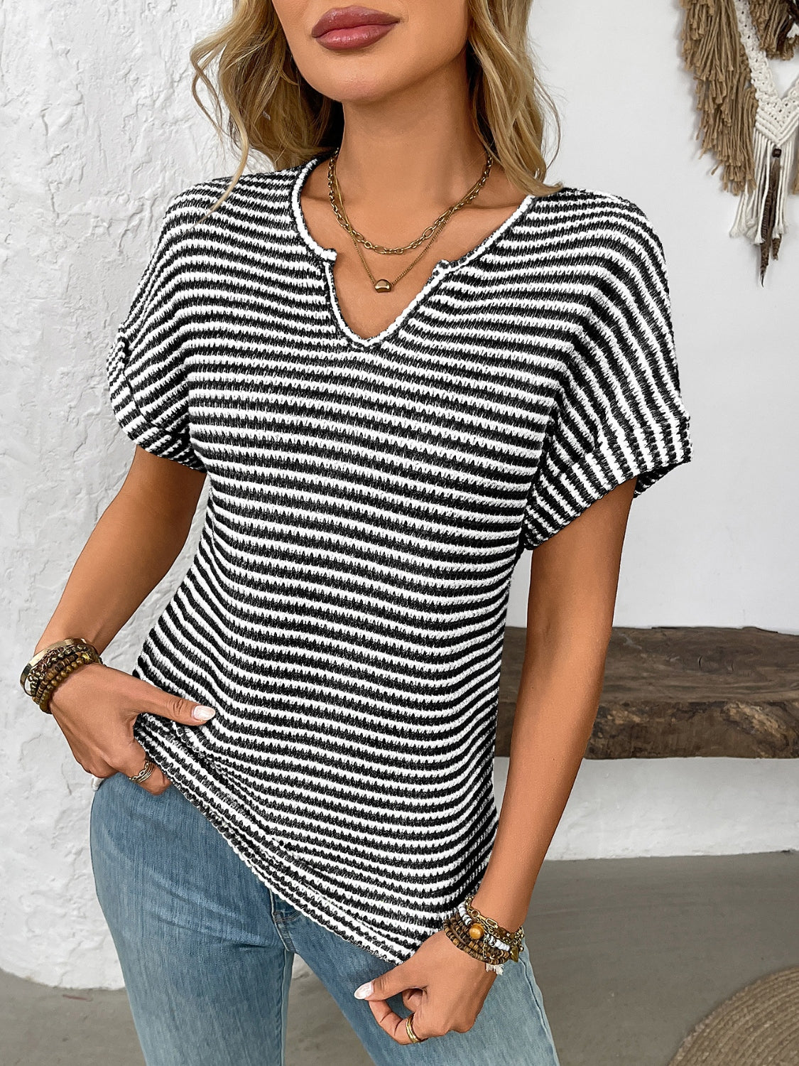 Striped Notched Short Sleeve T-Shirt