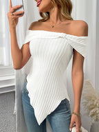 Ribbed Off-Shoulder Asymmetrical Hem T-Shirt