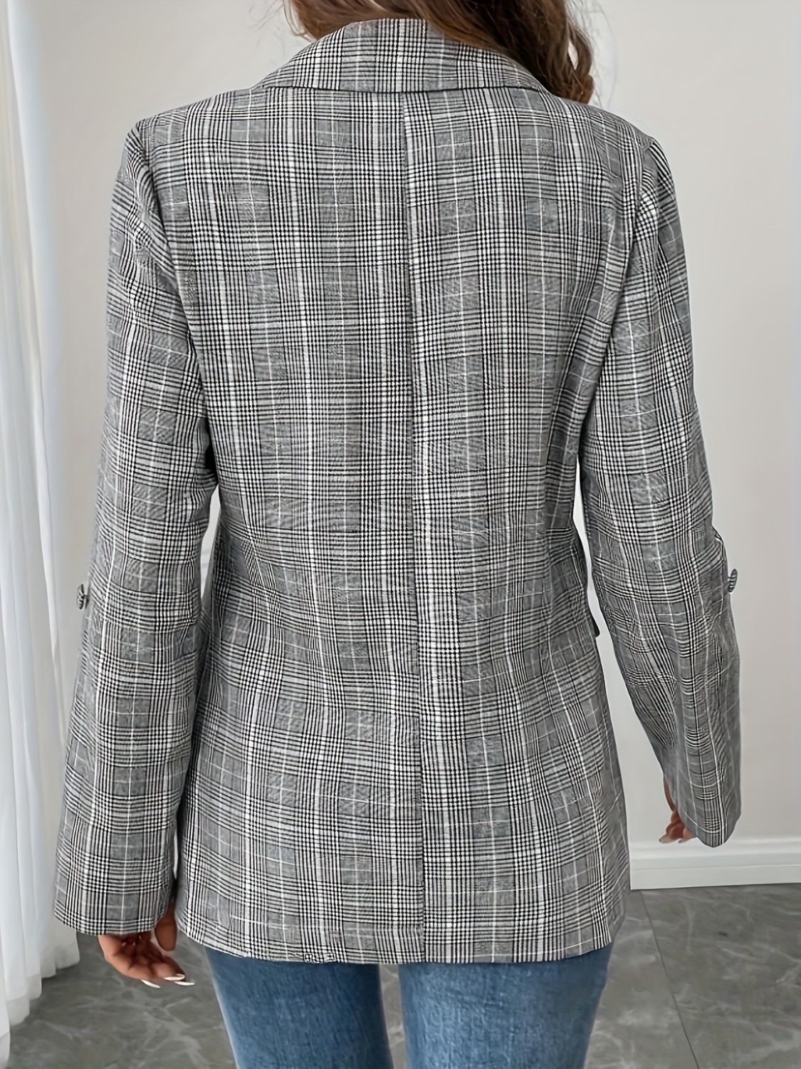 Single-Breasted Lapel Collar Plaid Blazer - felvior