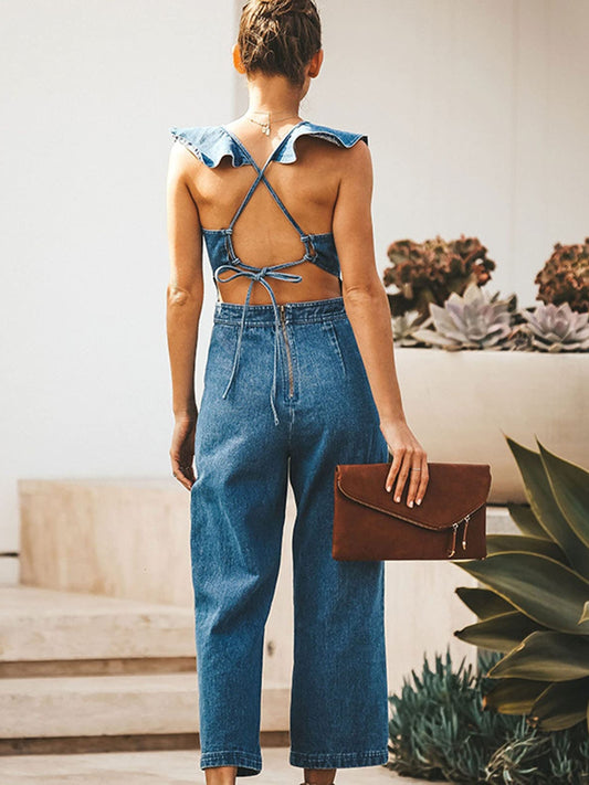 Ruffled Backless Sleeveless Denim Jumpsuit - felvior