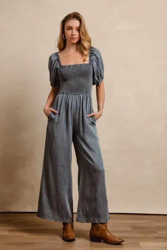 BiBi Smocked Washed Puff Sleeve Square Neck Denim Jumpsuit