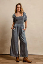 BiBi Smocked Washed Puff Sleeve Square Neck Denim Jumpsuit