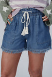 Raw Hem Drawstring High Waist Denim Shorts with Pockets - felvior