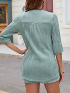 Textured Notched Top and Drawstring Shorts Set