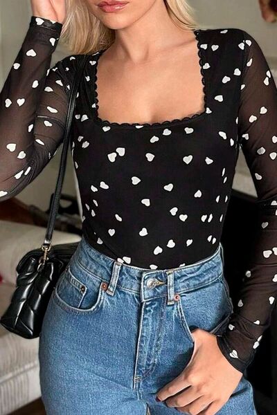 Heart Square Neck Long Sleeve Bodysuit - felvior