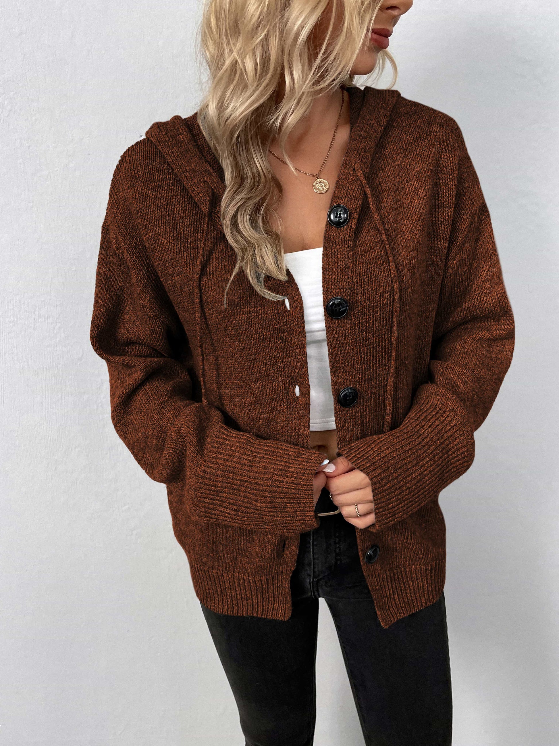 Button-Down Long Sleeve Hooded Sweater - felvior