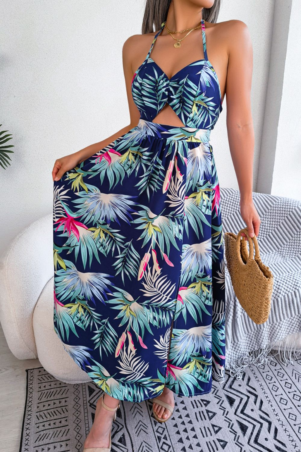 Botanical Print Tied Backless Cutout Slit Dress - felvior