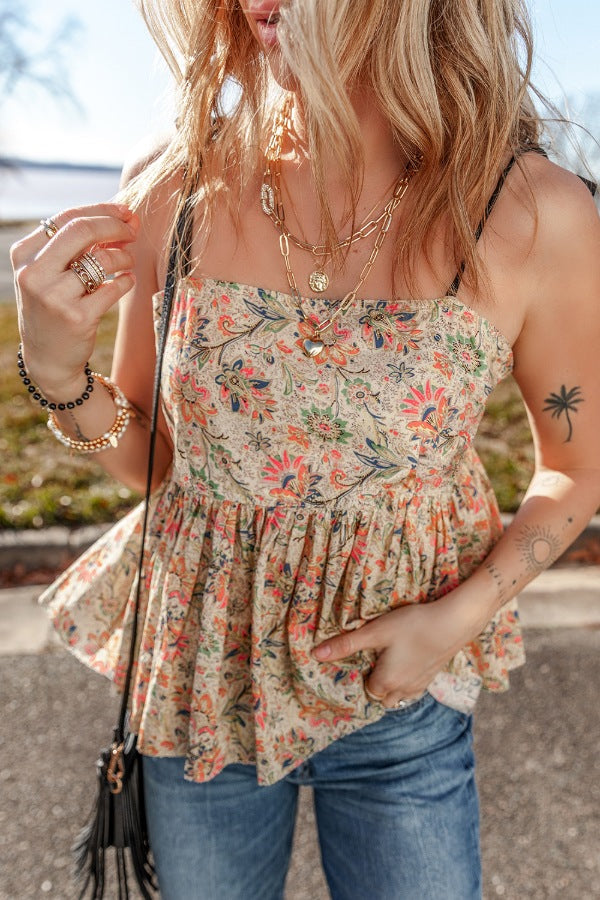Floral Spaghetti Strap Peplum Cami - felvior